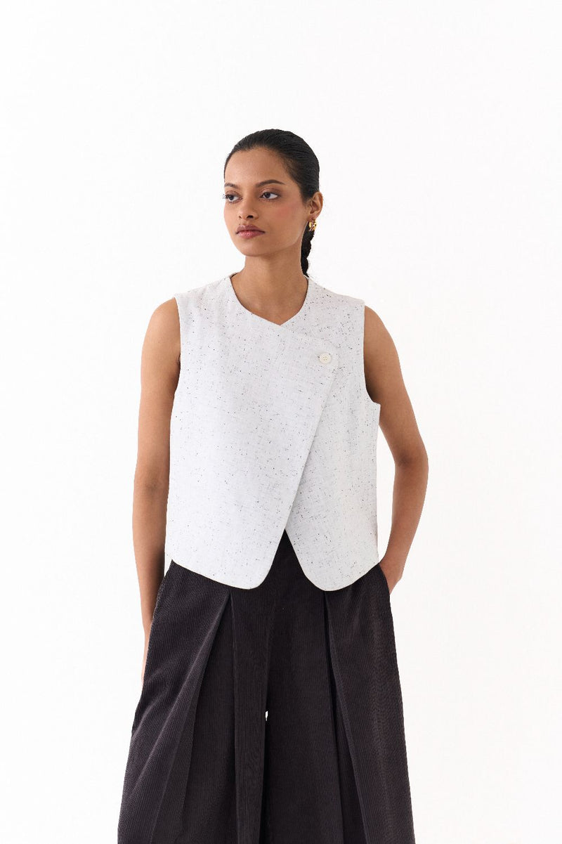 OVERLAP VEST CO-ORD (SET OF 2)-IVORY & GREY corduroy by THREE in grey color for women Worldwide