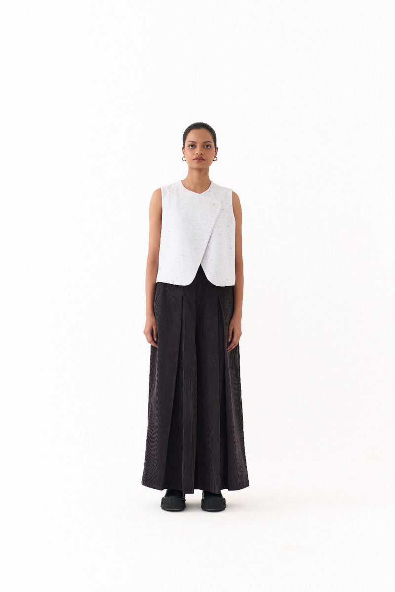 OVERLAP VEST CO-ORD (SET OF 2)-IVORY & GREY corduroy by THREE in grey color for women Worldwide