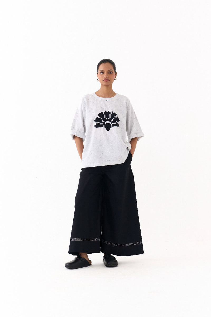 WAVE EMB. TOP CO-ORD (SET OF 2)-IVORY & GREY poplin by THREE in black color for women Worldwide