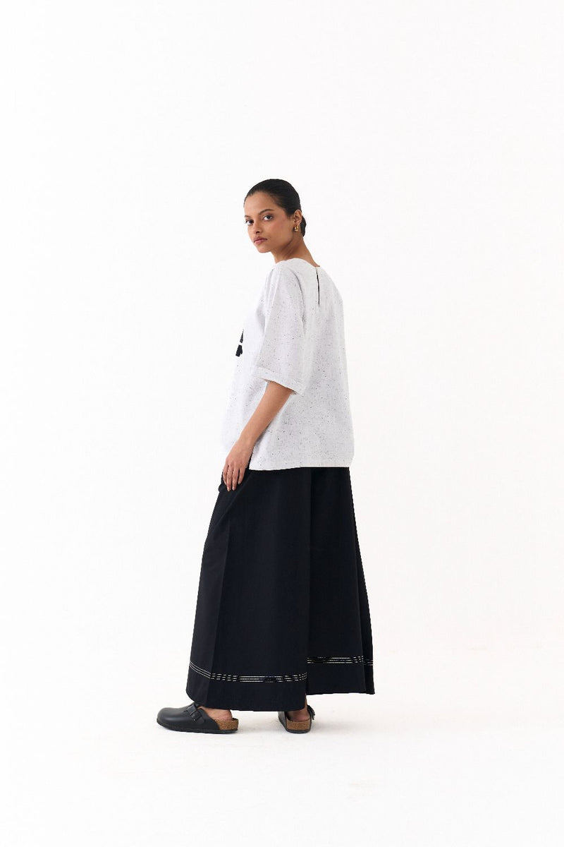 WAVE EMB. TOP CO-ORD (SET OF 2)-IVORY & GREY poplin by THREE in black color for women Worldwide