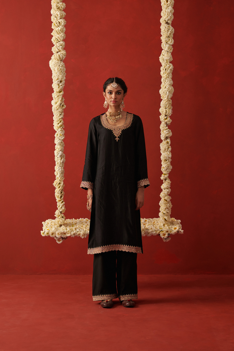 AYESHA & MEHR KURTA & PANT silk by Rashika Mittal in black color for women Worldwide