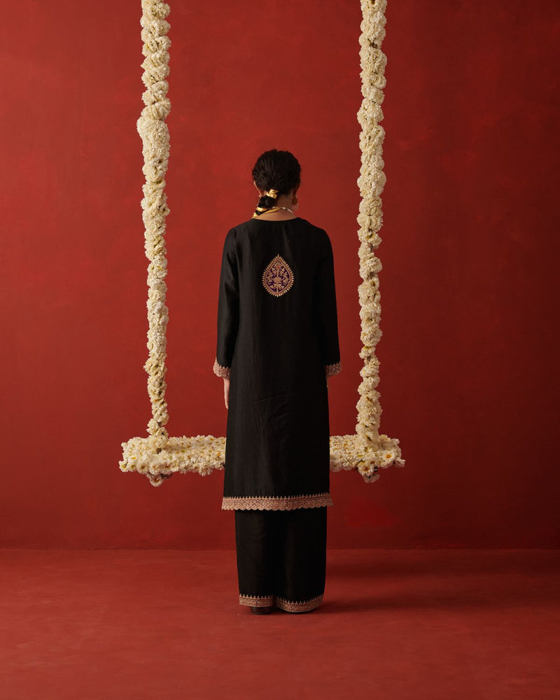 AYESHA & MEHR KURTA & PANT silk by Rashika Mittal in black color for women Worldwide