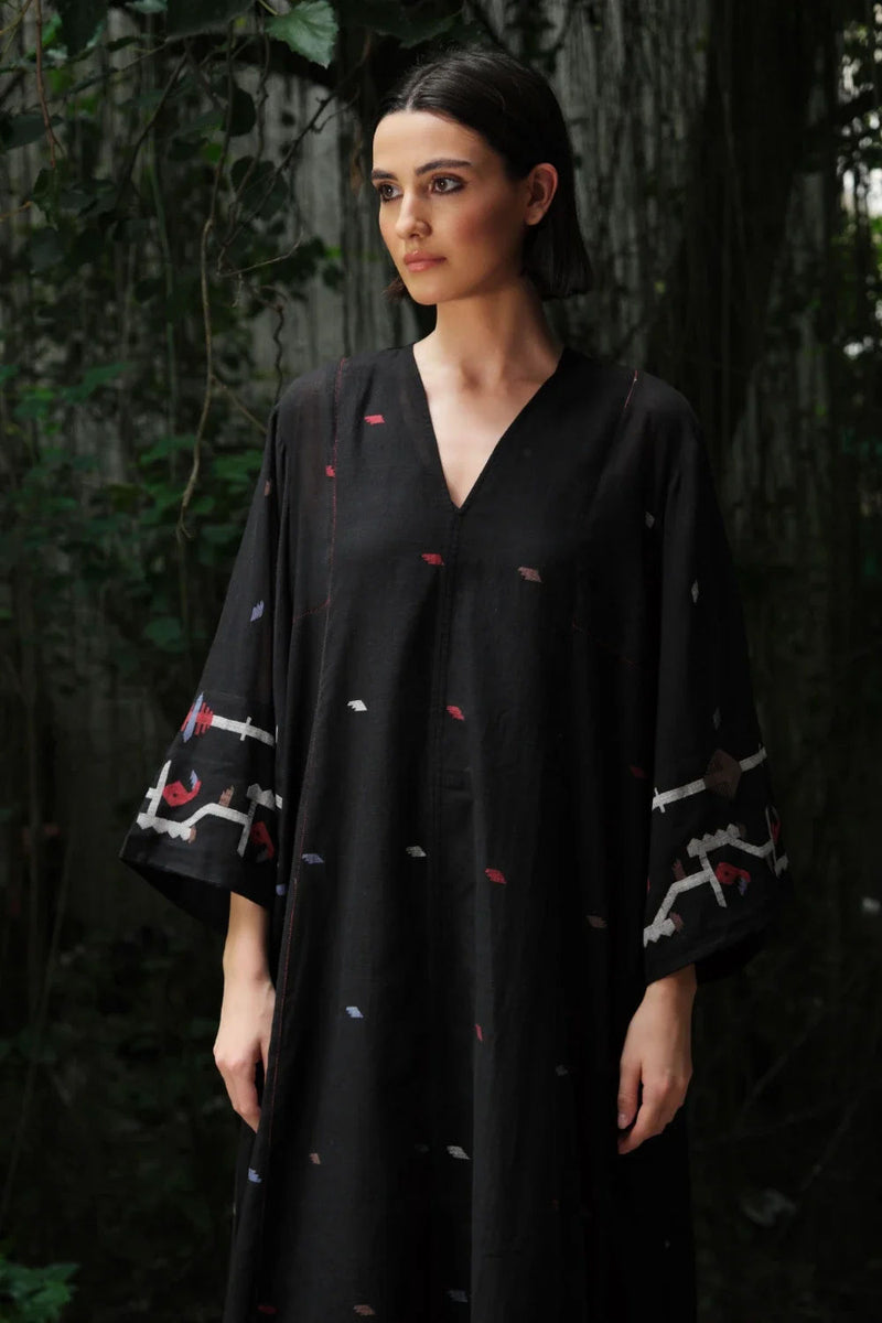 Aab e Rawan’ black Bengal muslin Jamdani tunic cotton jamdani kurta/kurta set by Malika Mathur in black for women Worldwide