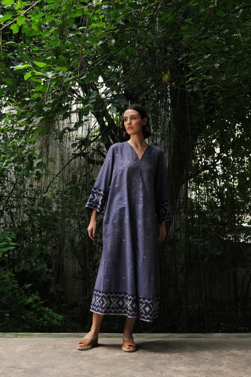 Aab e Rawan’ indigo blue Bengal muslin Jamdani tunic cotton jamdani kurta/kurta set by Malika Mathur in indigo for women Worldwide