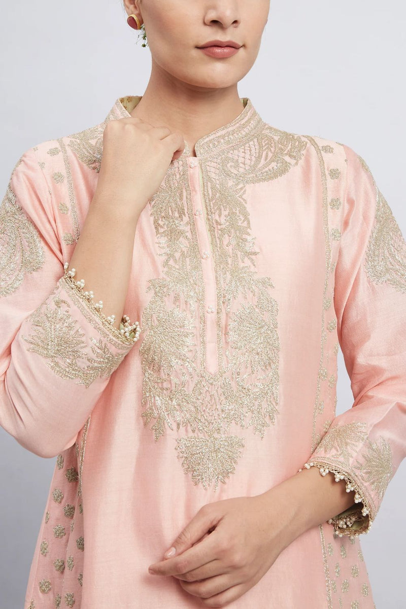 Aabish Short kurta with dhoti-Carnation pink silk by SHEETAL BATRA in pink color for women Worldwide