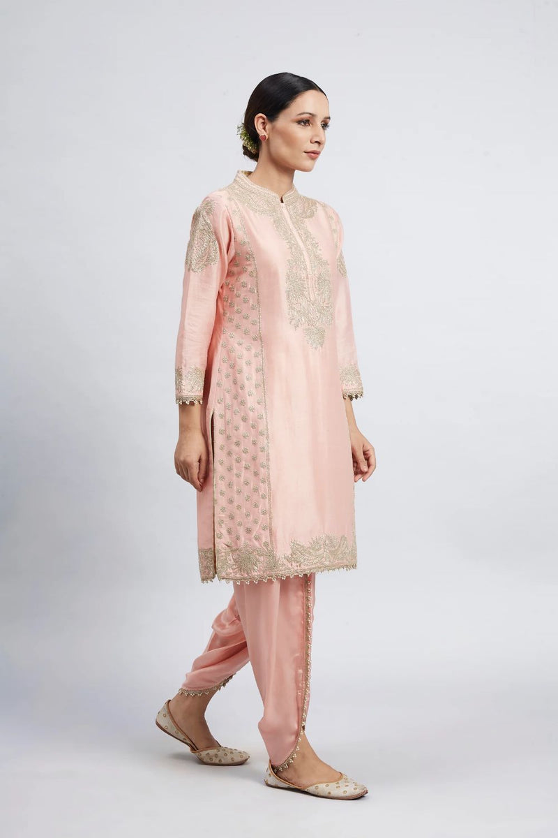 Aabish Short kurta with dhoti-Carnation pink silk by SHEETAL BATRA in pink color for women Worldwide