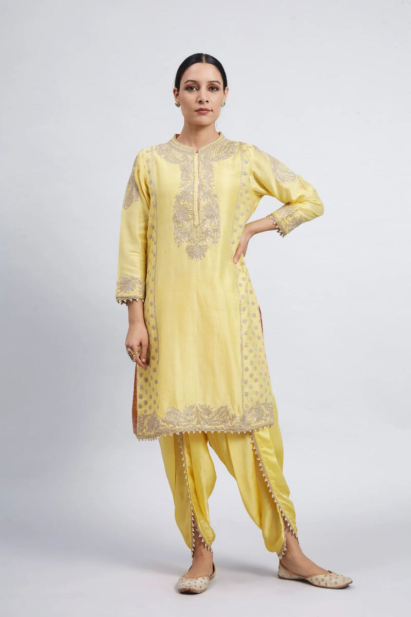 Aabish Short kurta with dhoti-Daffodil yellow silk by SHEETAL BATRA in yellow color for women Worldwide