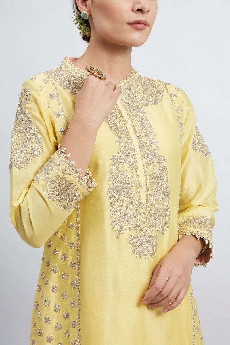 Aabish Short kurta with dhoti-Daffodil yellow silk by SHEETAL BATRA in yellow color for women Worldwide