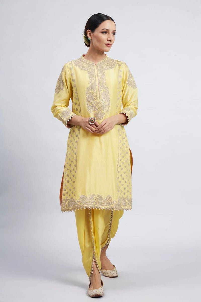 Aabish Short kurta with dhoti-Daffodil yellow silk by SHEETAL BATRA in yellow color for women Worldwide