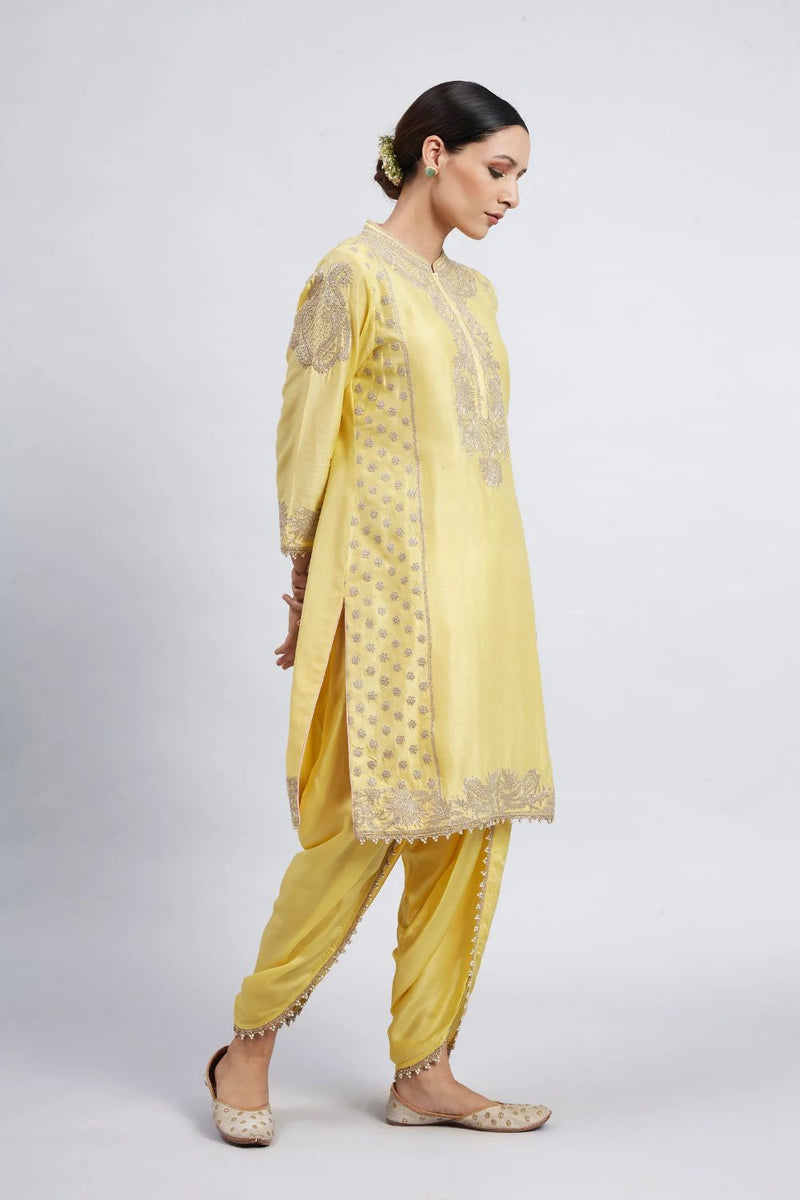 Aabish Short kurta with dhoti-Daffodil yellow silk by SHEETAL BATRA in yellow color for women Worldwide