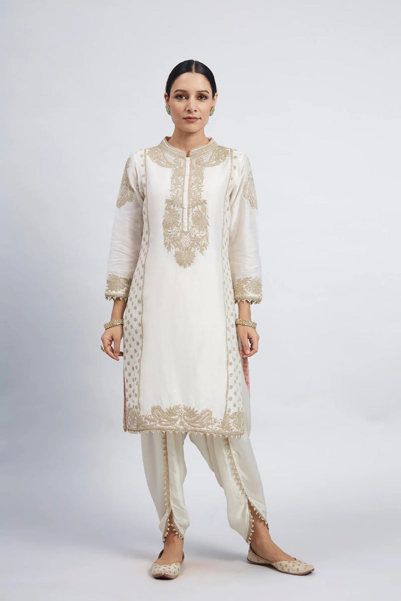 Aabish Short kurta with dhoti-Daisy Ivory silk by SHEETAL BATRA in ivory color for women Worldwide
