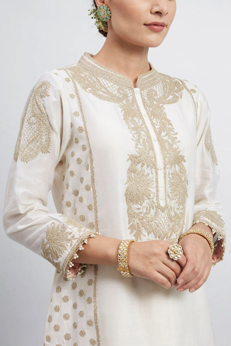 Aabish Short kurta with dhoti-Daisy Ivory silk by SHEETAL BATRA in ivory color for women Worldwide