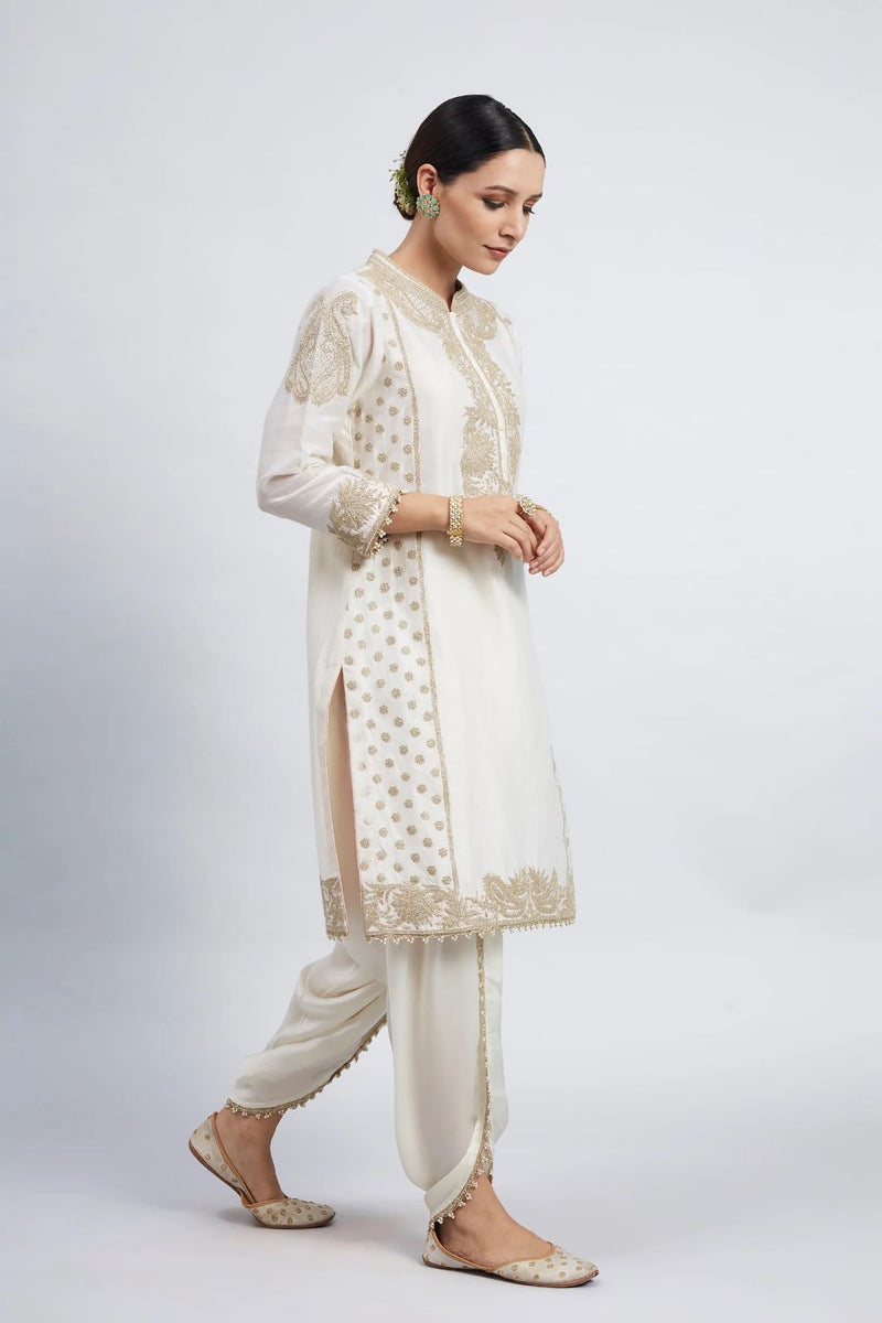 Aabish Short kurta with dhoti-Daisy Ivory silk by SHEETAL BATRA in ivory color for women Worldwide