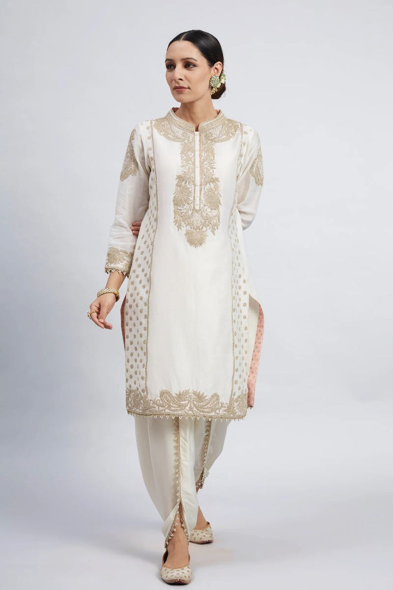 Aabish Short kurta with dhoti-Daisy Ivory silk by SHEETAL BATRA in ivory color for women Worldwide