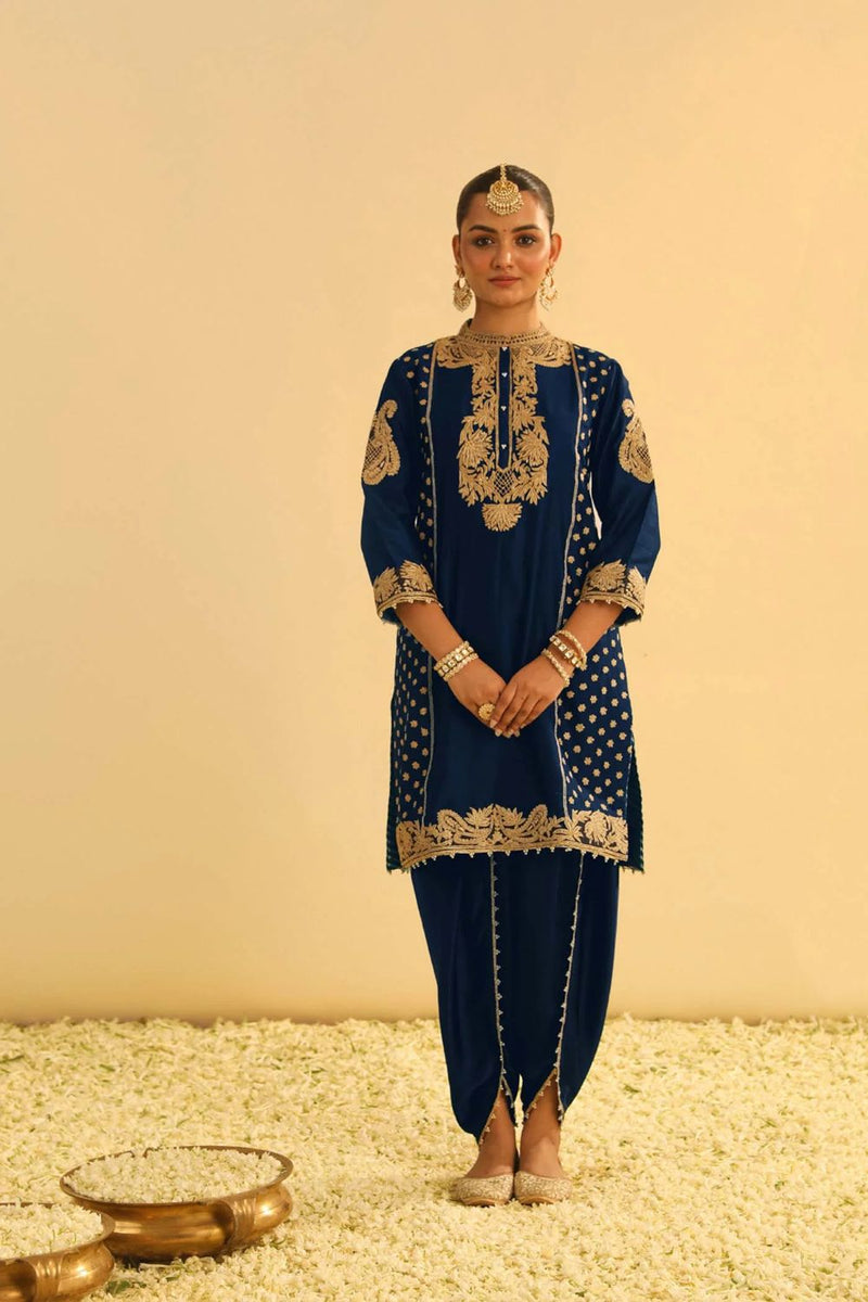 Aabish Short kurta with dhoti-Deep blue silk by SHEETAL BATRA in blue color for women Worldwide