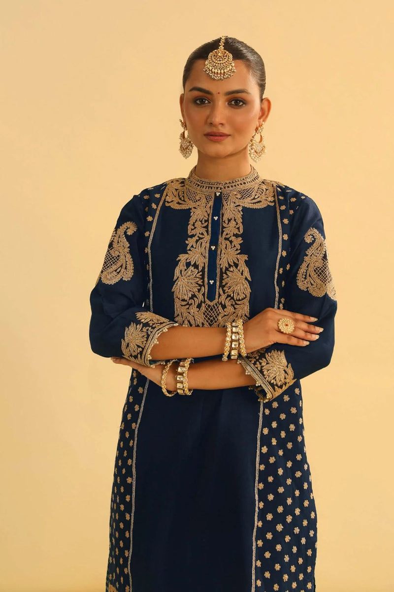 Aabish Short kurta with dhoti-Deep blue silk by SHEETAL BATRA in blue color for women Worldwide