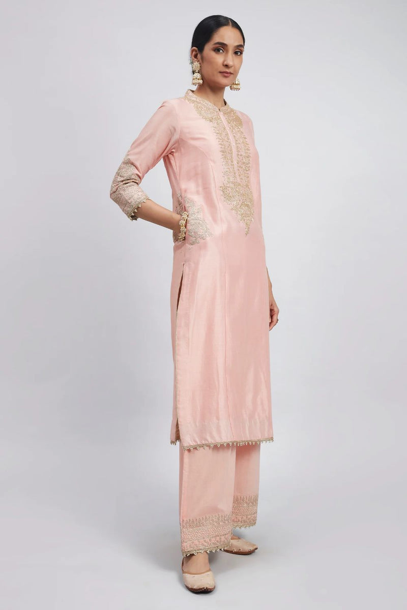 Aadah Long kurta with palazzo-Carnation Pink silk by SHEETAL BATRA in blush color for women Worldwide