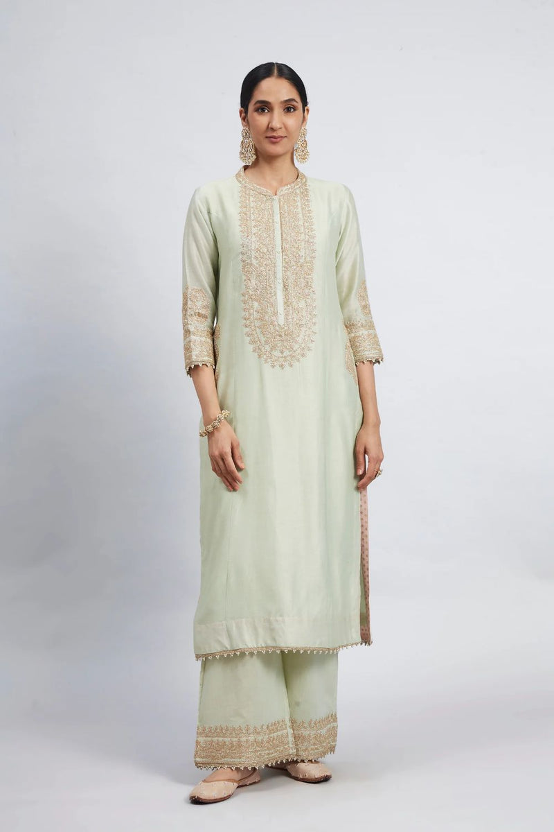 Aadirah Long kurta with palazzo-Mint green silk by SHEETAL BATRA in mint color for women Worldwide