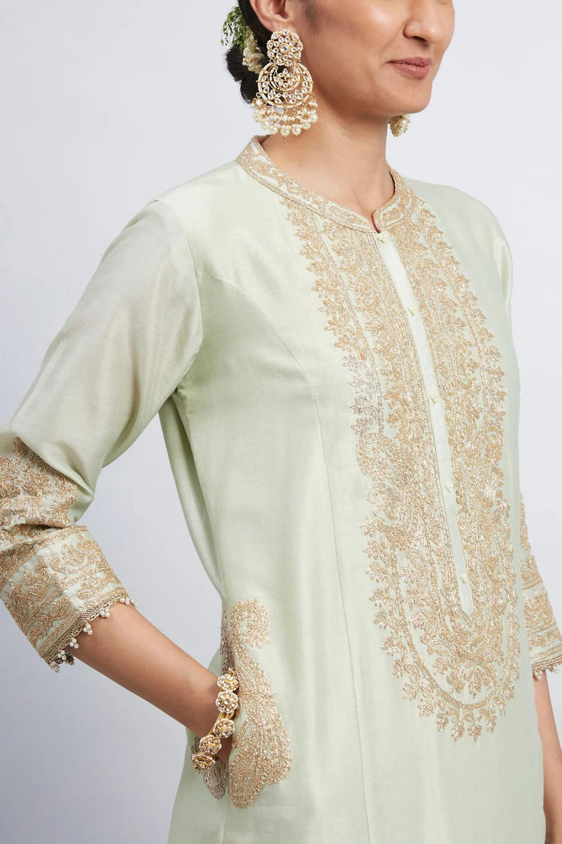 Aadirah Long kurta with palazzo-Mint green silk by SHEETAL BATRA in mint color for women Worldwide