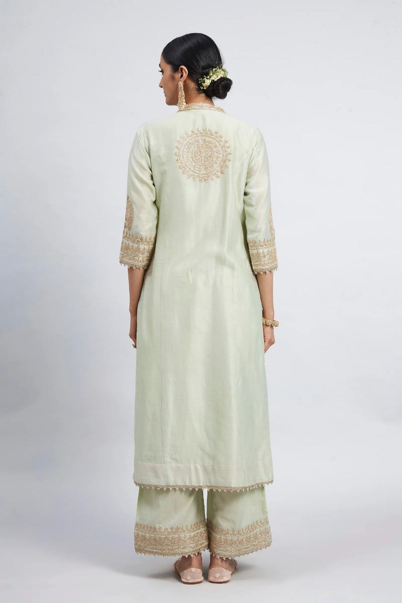 Aadirah Long kurta with palazzo-Mint green silk by SHEETAL BATRA in mint color for women Worldwide
