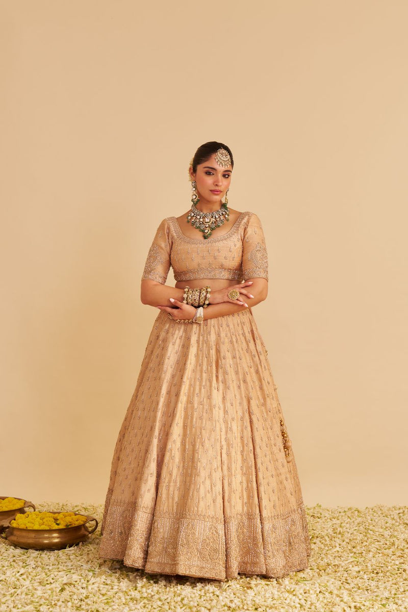Aaliya - Dabka Zardozi Embroidered Raw Silk Gold Lehenga Set silk by SHEETAL BATRA in gold color for women Worldwide