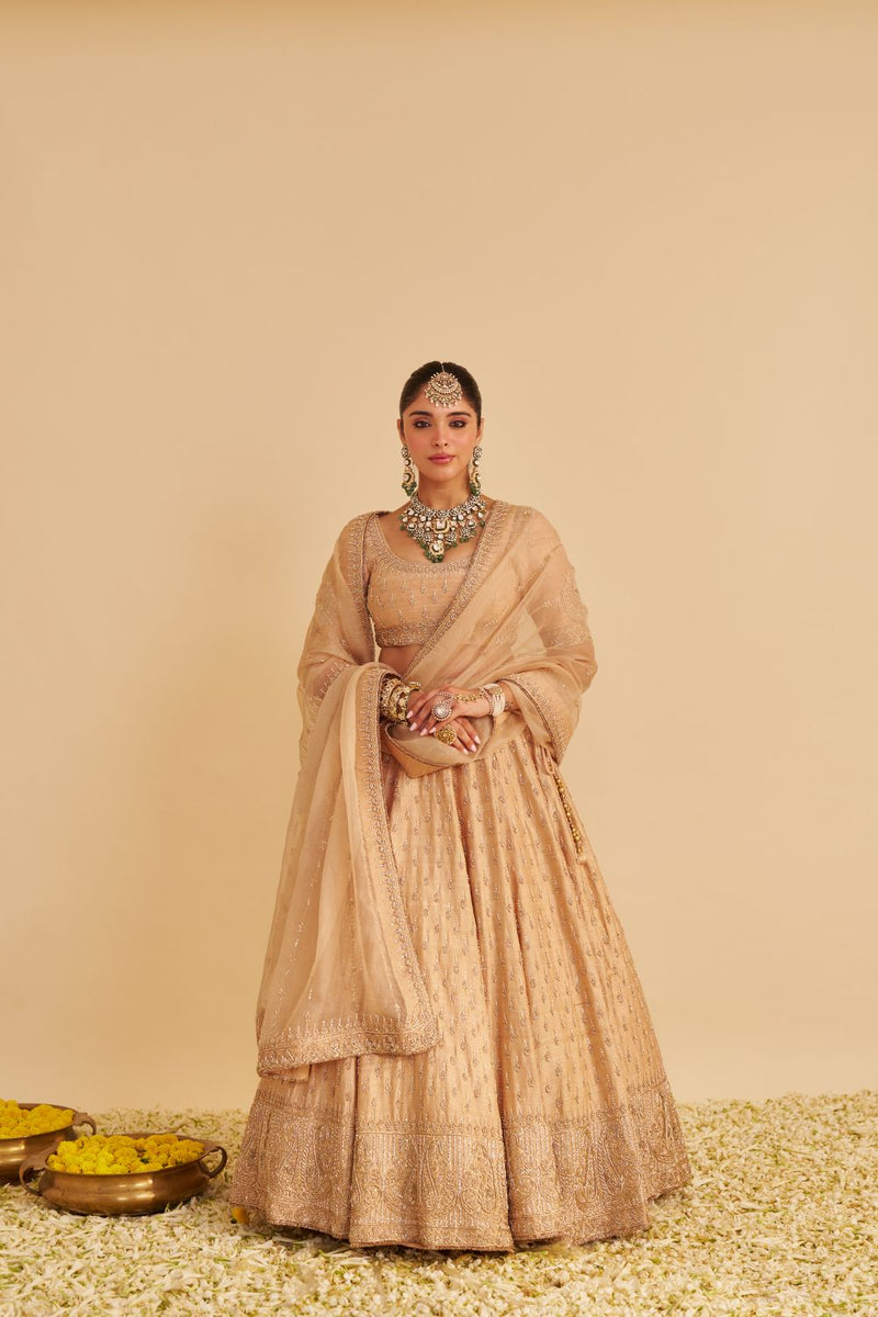 Aaliya - Dabka Zardozi Embroidered Raw Silk Gold Lehenga Set silk by SHEETAL BATRA in gold color for women Worldwide