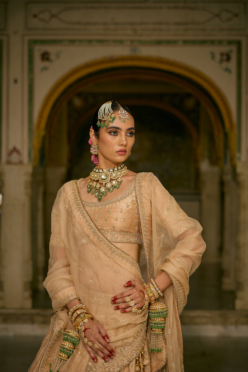 Aaliya - Dabka Zardozi Embroidered Raw Silk Gold Lehenga Set silk by SHEETAL BATRA in gold color for women Worldwide