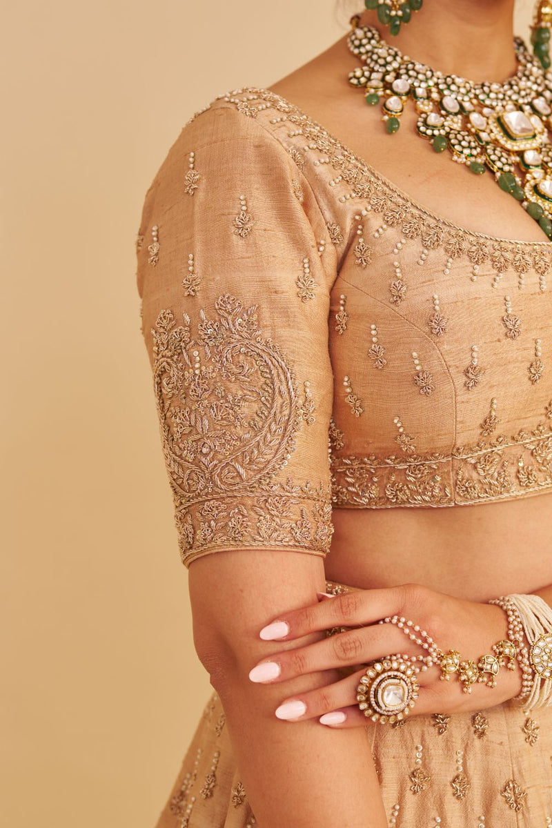 Aaliya - Dabka Zardozi Embroidered Raw Silk Gold Lehenga Set silk by SHEETAL BATRA in gold color for women Worldwide
