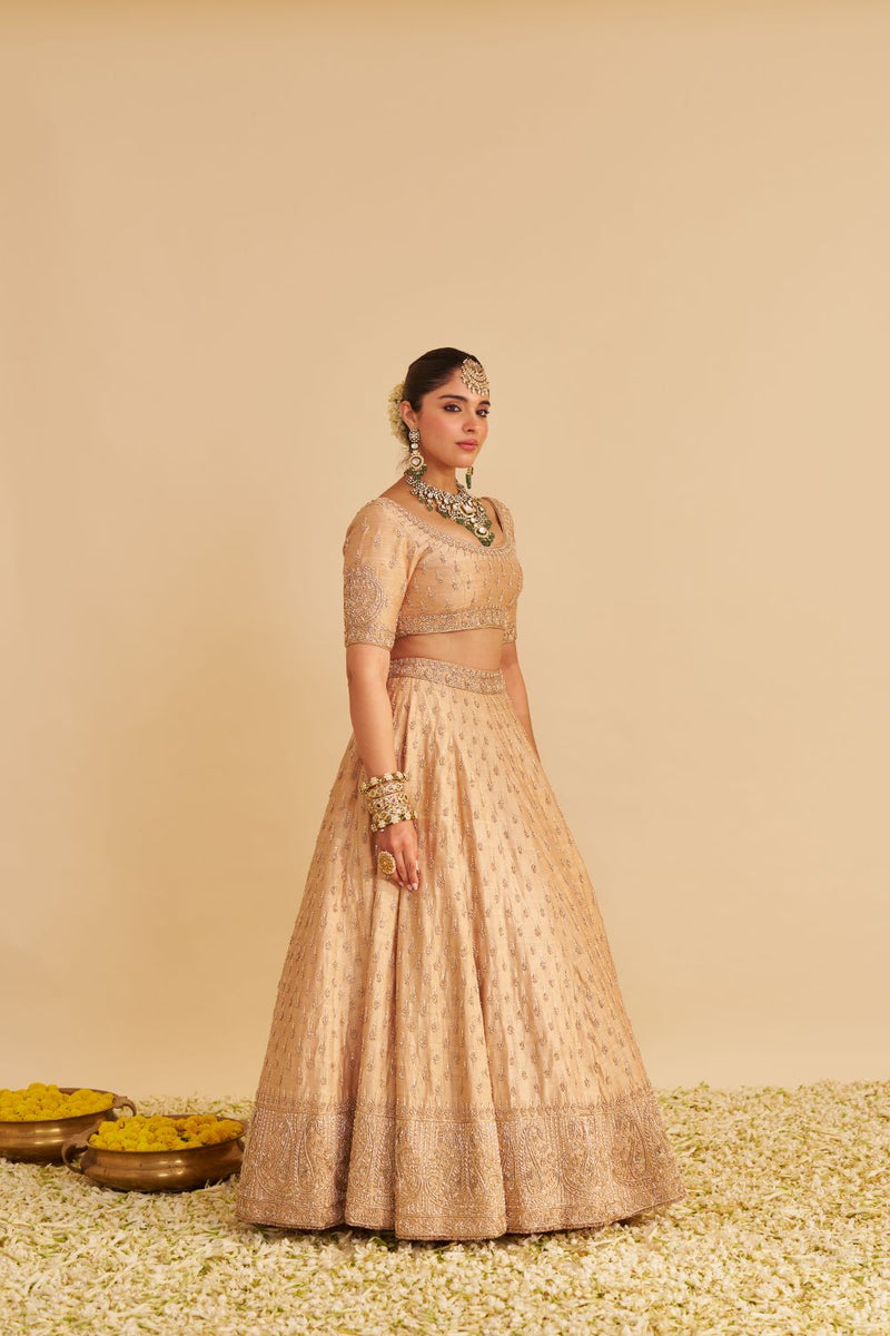 Aaliya - Dabka Zardozi Embroidered Raw Silk Gold Lehenga Set silk by SHEETAL BATRA in gold color for women Worldwide