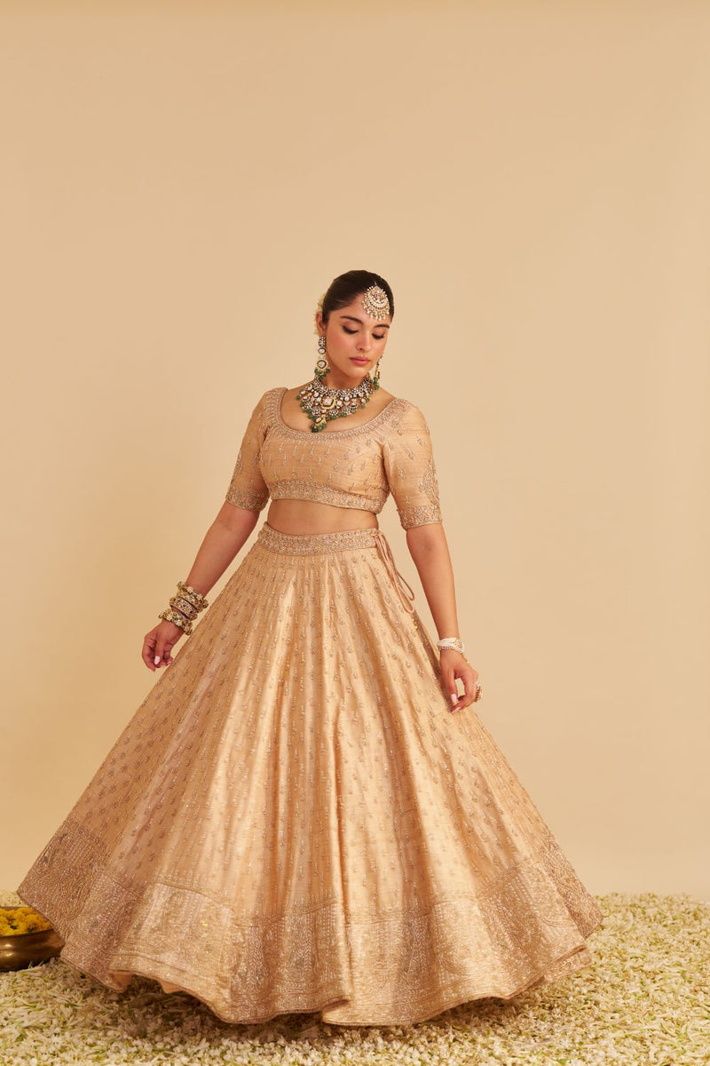 Aaliya - Dabka Zardozi Embroidered Raw Silk Gold Lehenga Set silk by SHEETAL BATRA in gold color for women Worldwide