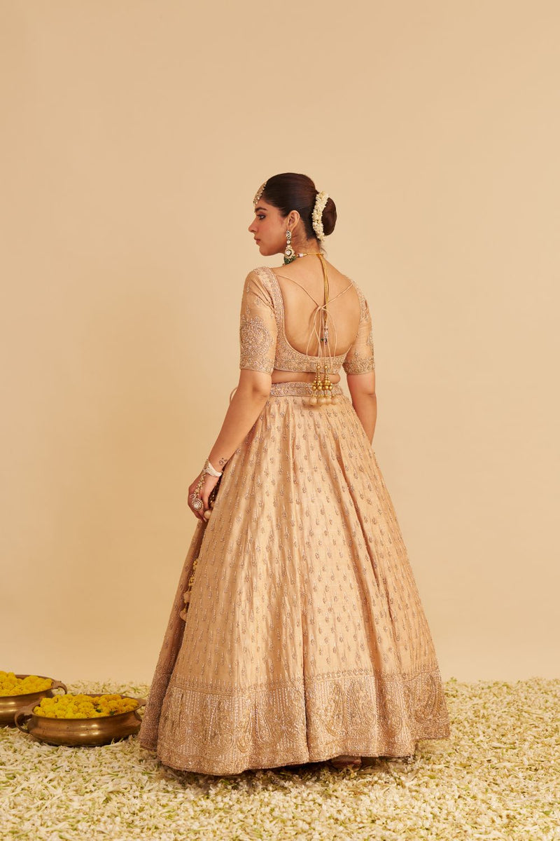 Aaliya - Dabka Zardozi Embroidered Raw Silk Gold Lehenga Set silk by SHEETAL BATRA in gold color for women Worldwide