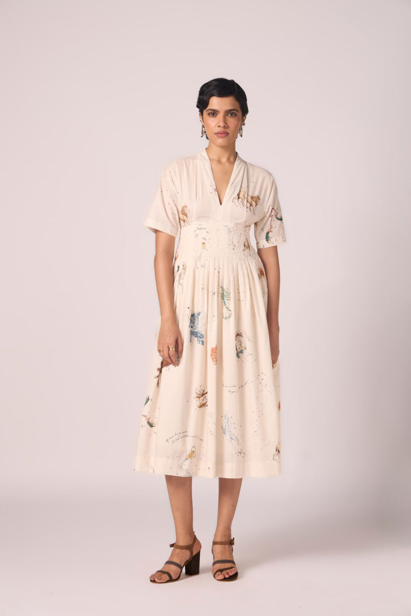 Aara Zodiac Print Pleated Dress cotton by The Summer House for women Worldwide