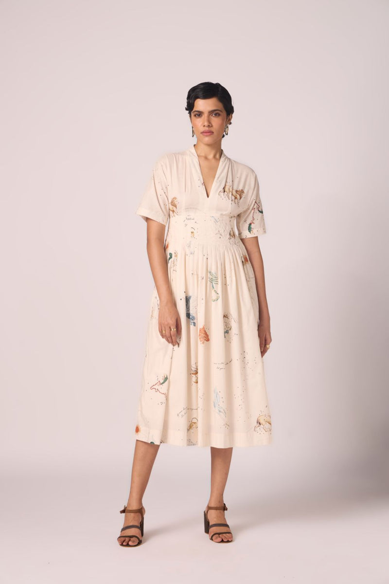 Aara Zodiac Print Pleated Dress cotton by The Summer House for women Worldwide
