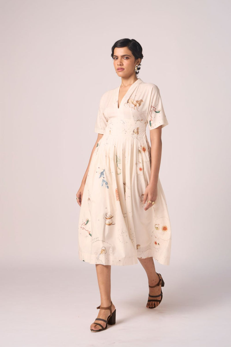 Aara Zodiac Print Pleated Dress cotton by The Summer House for women Worldwide