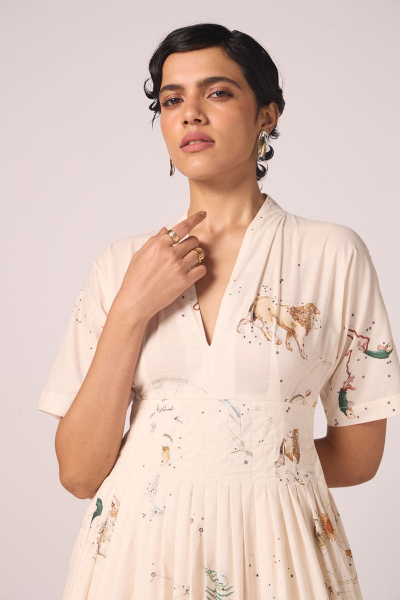 Aara Zodiac Print Pleated Dress cotton by The Summer House for women Worldwide