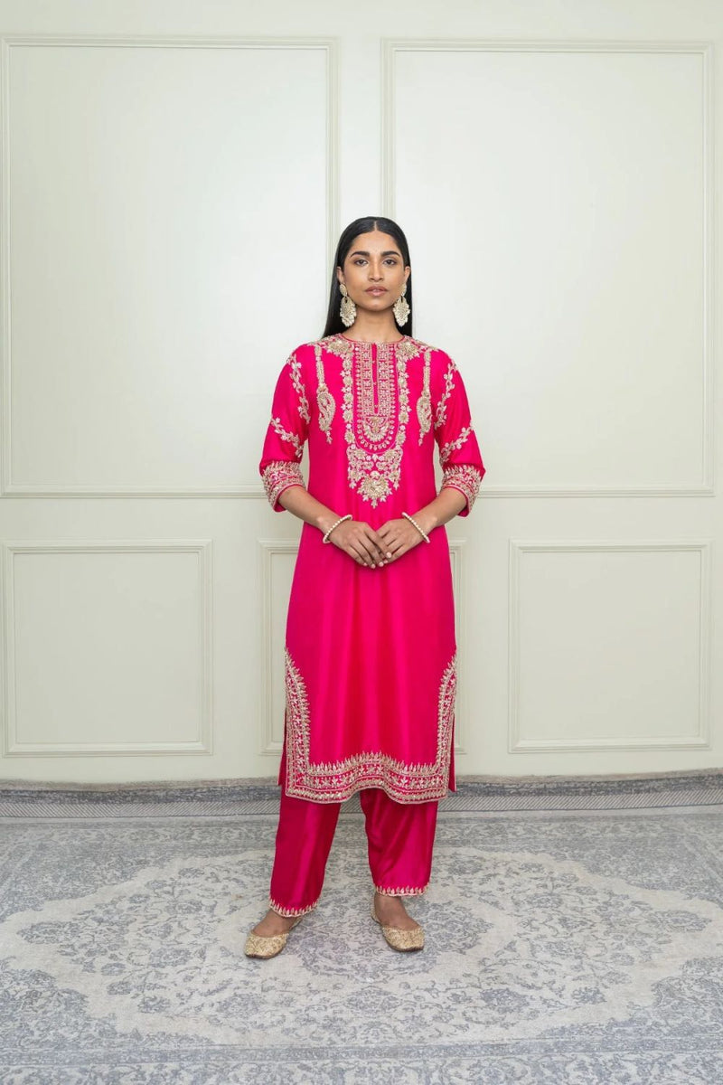 Aarini A-Line kurta with dogri salwar-hot pink silk by SHEETAL BATRA in pink color for women Worldwide