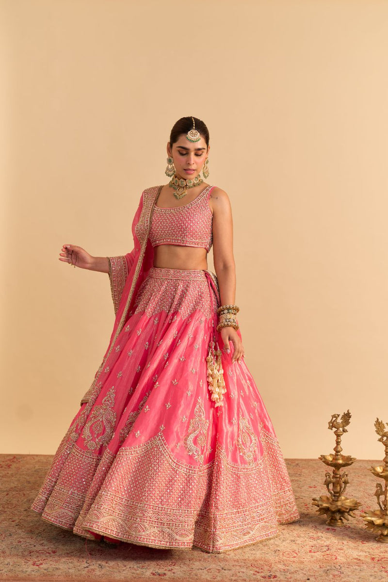 Aashina - Dabka Zardozi Embroidered Pure Tissue Carrot Pink Lehenga Set by SHEETAL BATRA in pink color for women Worldwide
