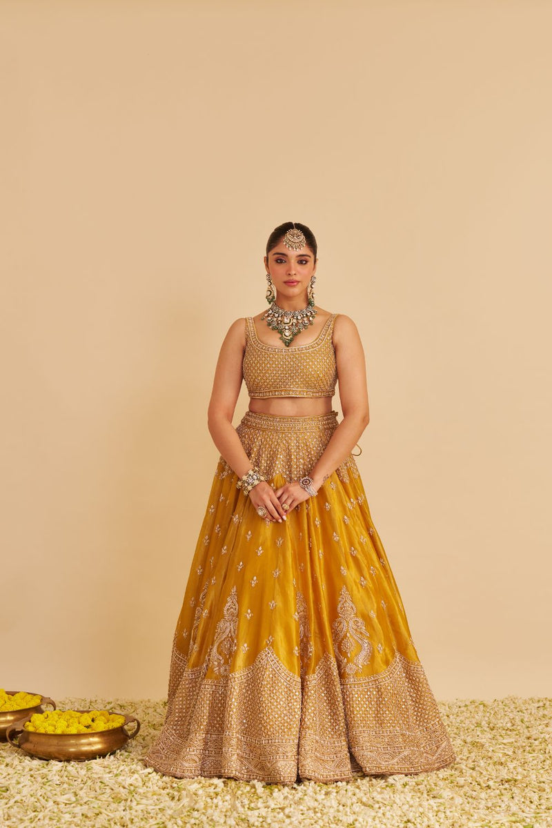 Aashina - Dabka Zardozi Embroidered Pure Tissue Mustard Lehenga Set silk by SHEETAL BATRA in gold color for women Worldwide