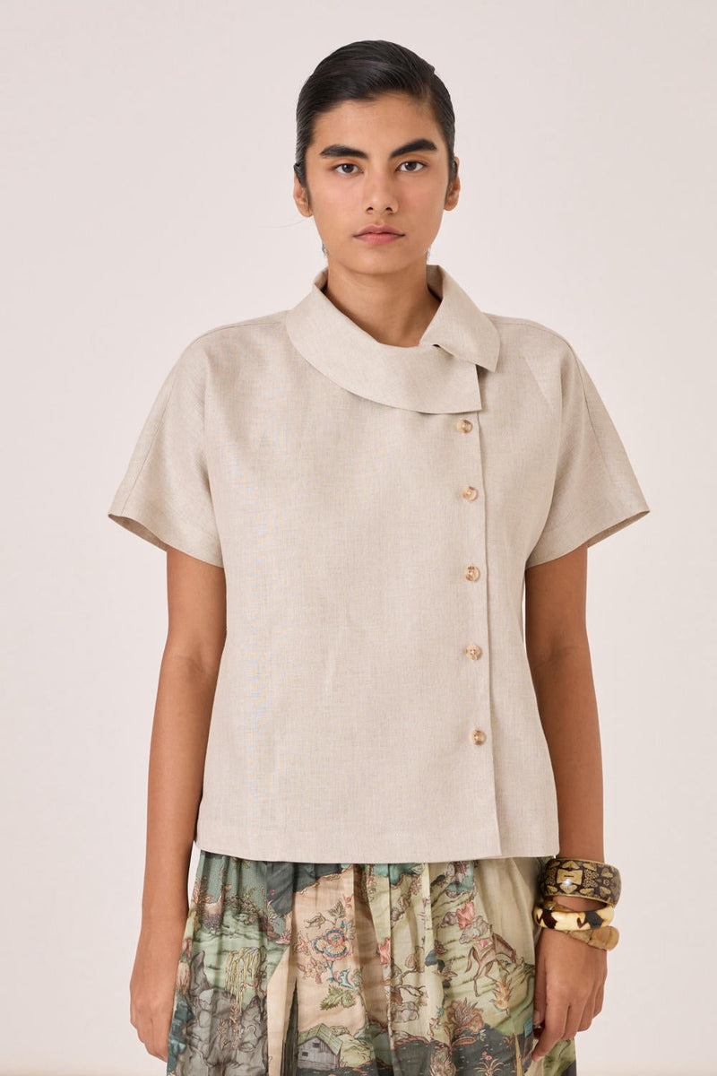 Aavish Beige Linen Top by The Summer House in beige color for women Worldwide