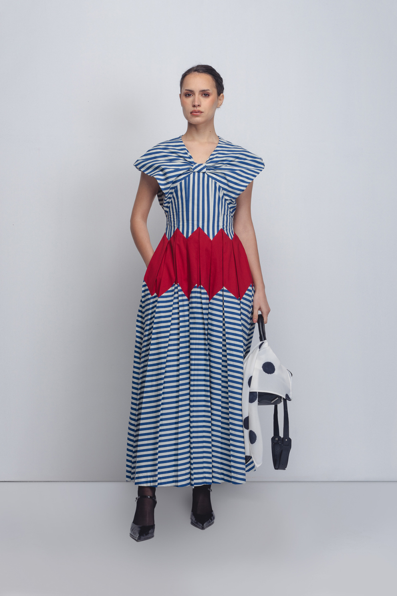 Abra Dress - Blue + White Stripes / Red cotton by Leh Studios in blue color for women Worldwide
