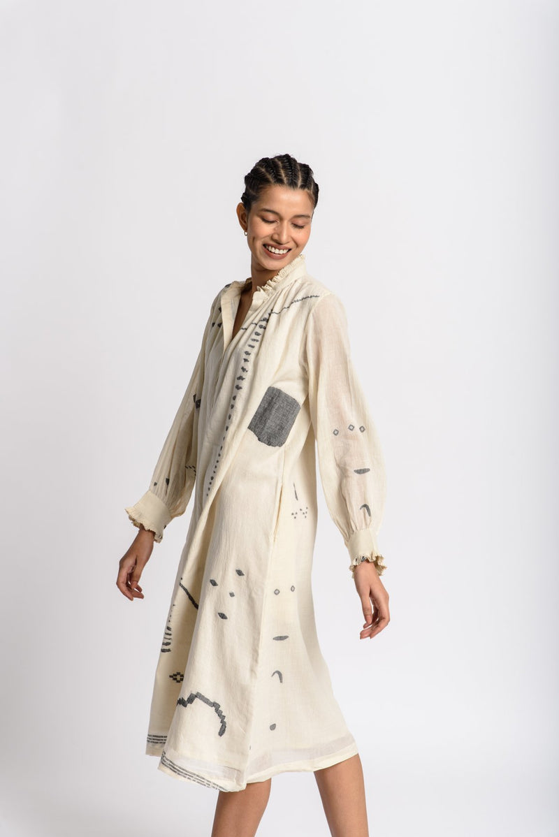 Abstract jamdani flared dress - Off - White Dress by World of Crow in white color for women Worldwide