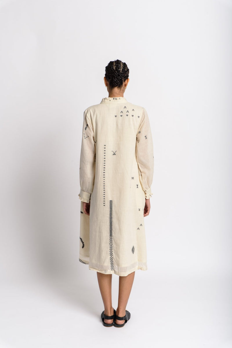Abstract jamdani flared dress - Off - White Dress by World of Crow in white color for women Worldwide