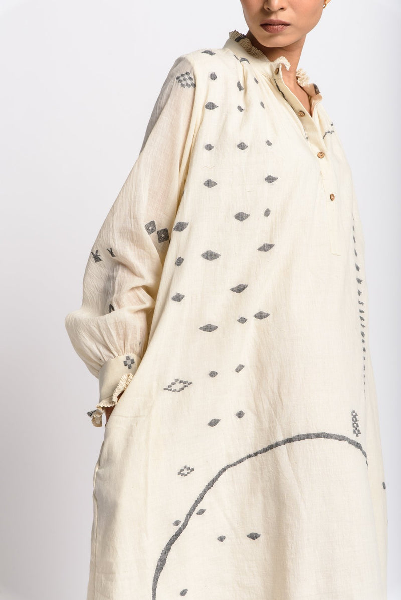 Abstract jamdani flared dress - Off - White Dress by World of Crow in white color for women Worldwide