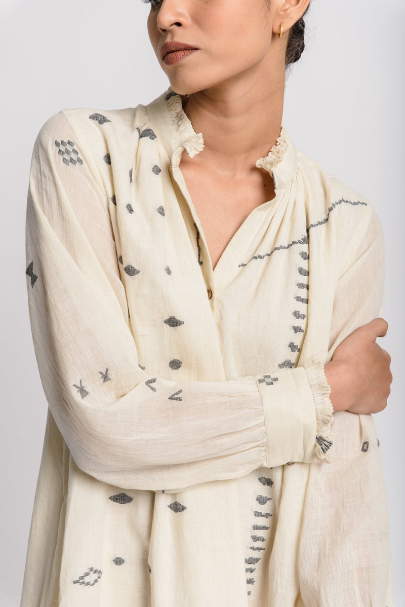 Abstract jamdani flared dress - Off - White Dress by World of Crow in white color for women Worldwide