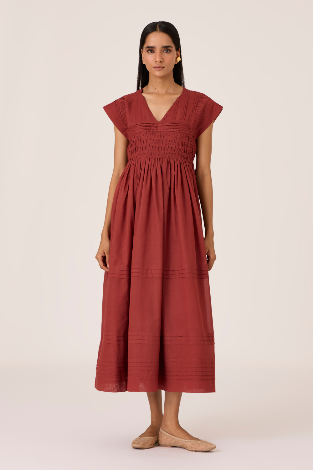 Aelia Umber Pleated Midi Dress