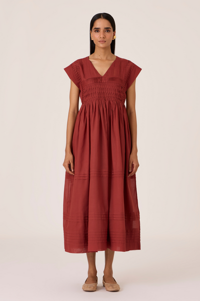 Aelia Umber Pleated Midi Dress