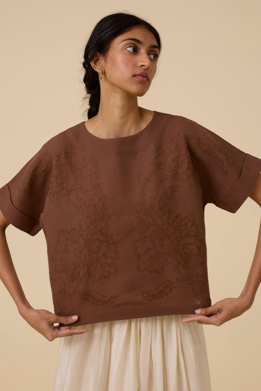 Affan Brown Embroidered Top