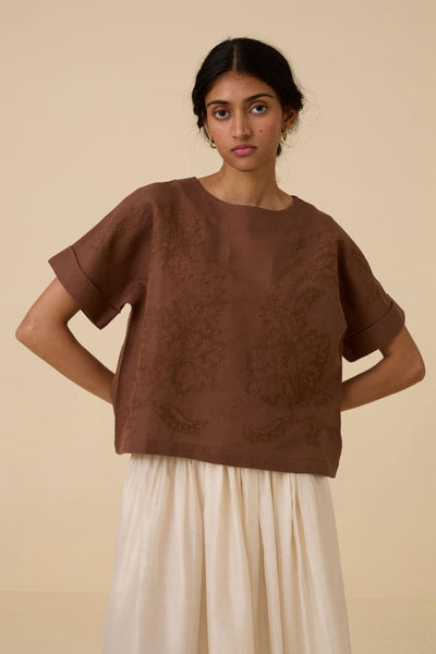 Affan Brown Embroidered Top