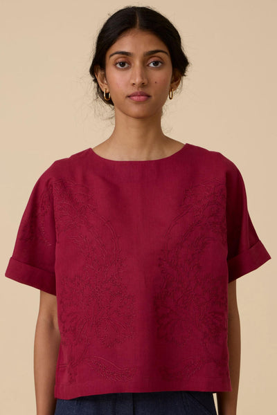 Affan Cherry Embroidered Top