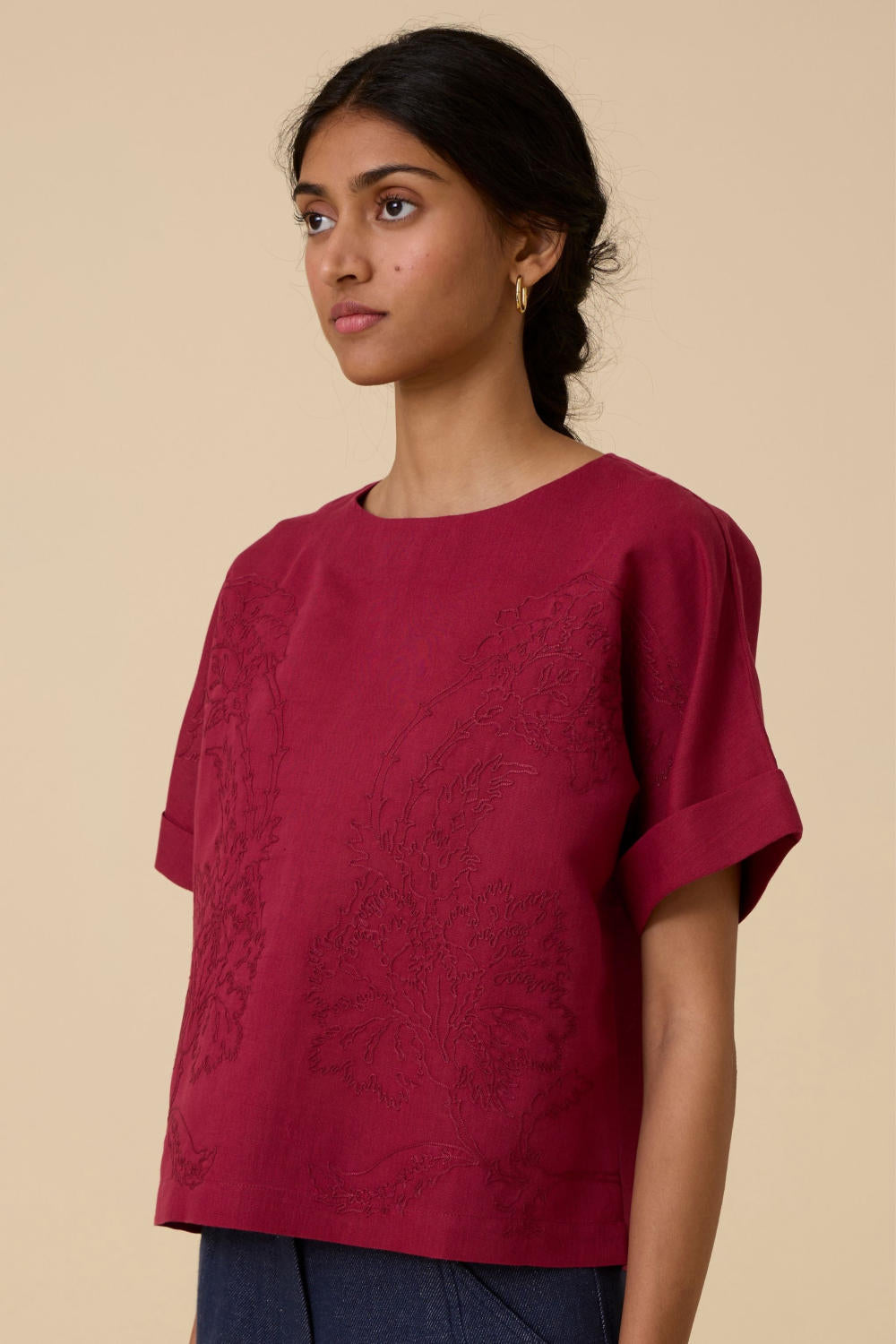 Affan Cherry Embroidered Top